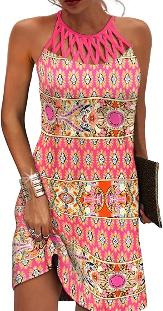 Photo 1 of ***STOCK PHOTO FOR REFERENCE***

LOVESHOOT Size S Bohemia Pink Summer Dresses for Women 2025 Casual Floral Printed Hollow Out Halter Neck A-line Sundresses for Beach Vacation Holiday