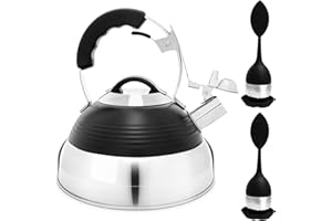 Pykal Retro Whistling Tea Kettle for Stove Top - 2.8 QT - Black Vintage Stainless Steel Tea Pot w/iCool Handle Technology - Teapot for Stovetop Induction or Gas