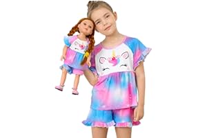 PLAY TAILOR Girl & Doll Matching Pajamas Unicorn Outfit Clothes for Girls and 18" Dolls Pajama Sets (Doll Not Included)