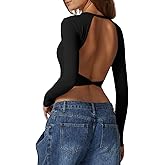 QINSEN Women's Crew Neck Open Back Long Sleeve Basic Crop Tops Stretch Backless Going Out Tee Shirt