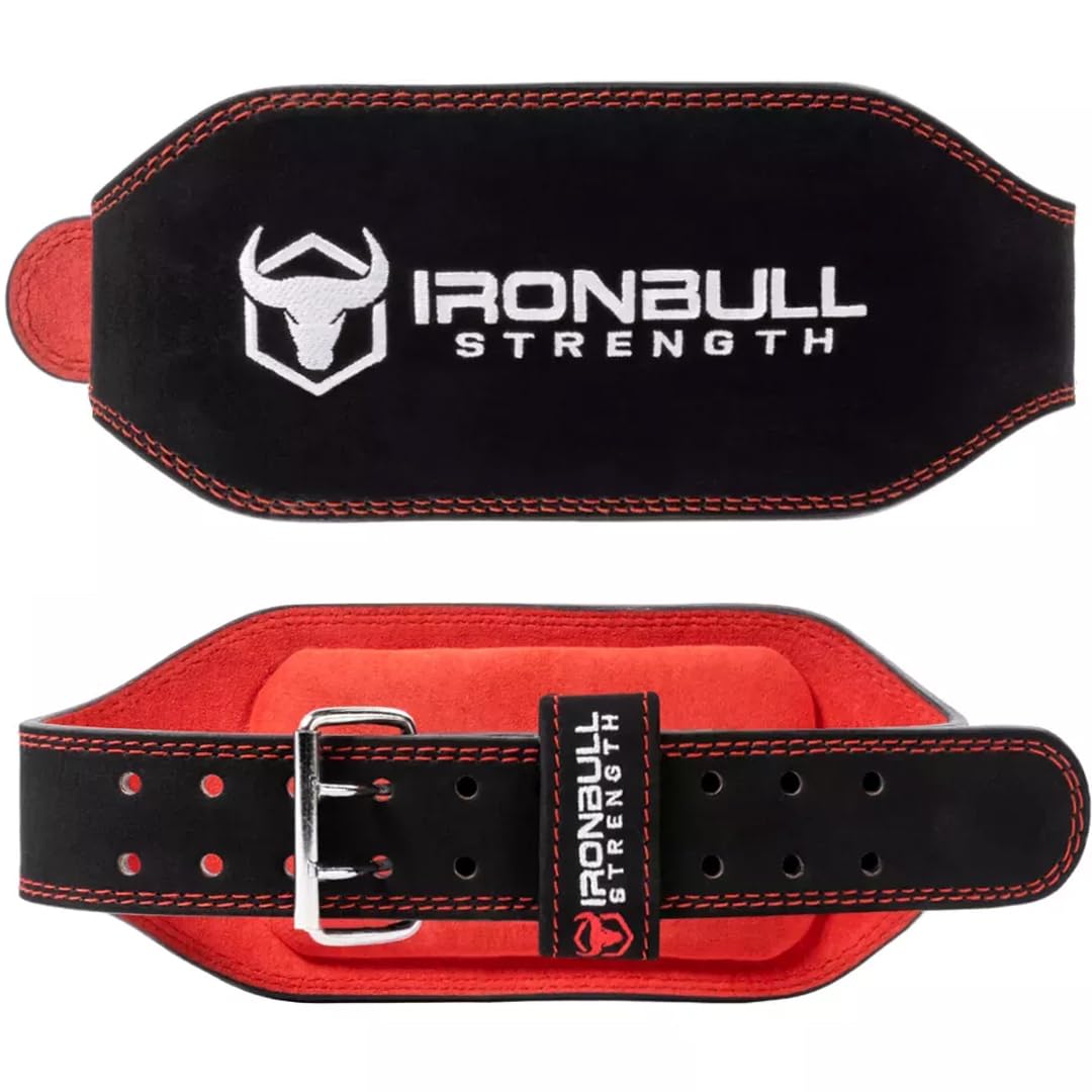 Iron Bull Strength Padded WeightLifting Belt - 6-inch Suede Leather Weight Belt - Heavy Duty And Comfortable Back Support For Heavy Weight Lifting, Crossfit and Fitness (Black/Red, Small)