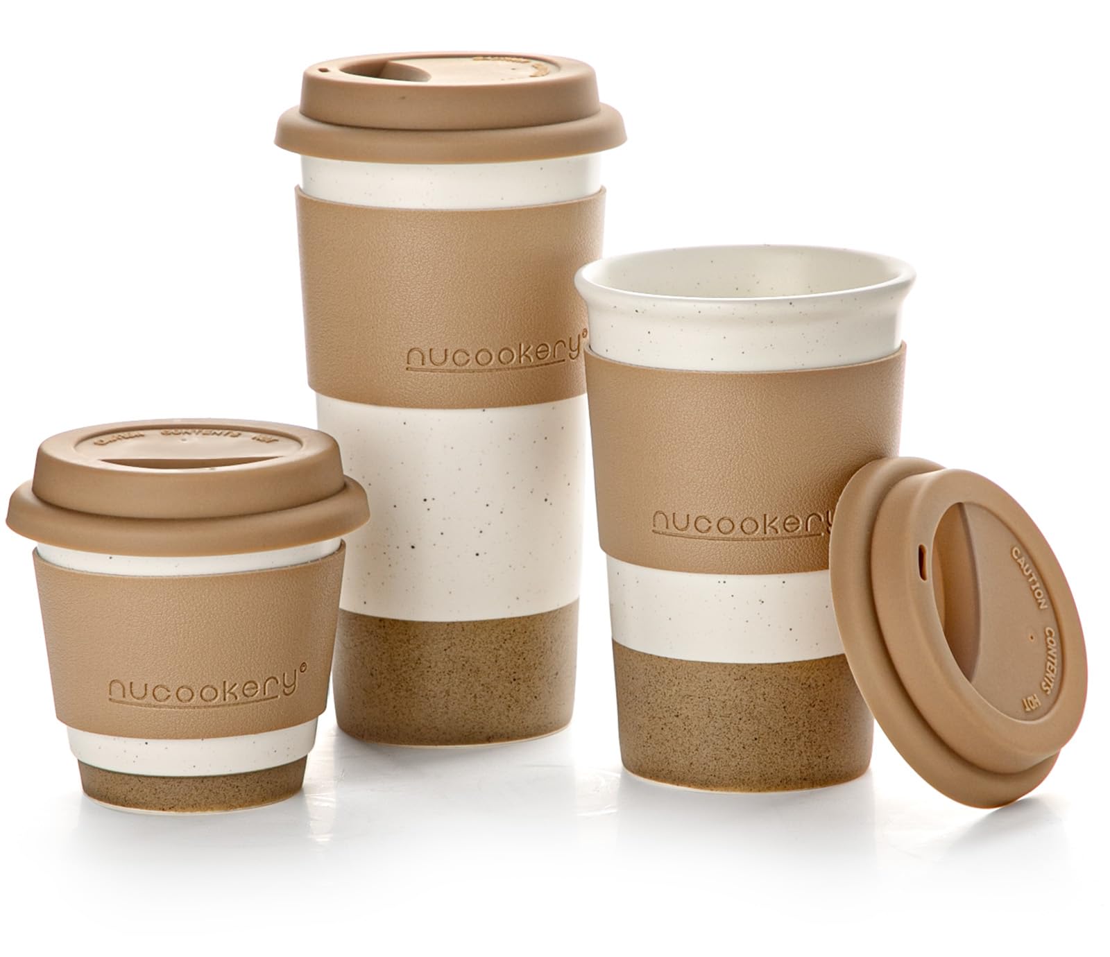 Photo 1 of Nucookery Ceramic Travel Coffee Mug Set, Coffee Tumbler with Silicone Lid and Non-Slip Sleeve, Unique To Go Mug, Gifts for Women & Men, Microwave Safe Cappuccino, Tea, Latte, Iced-Coffee Cups, White