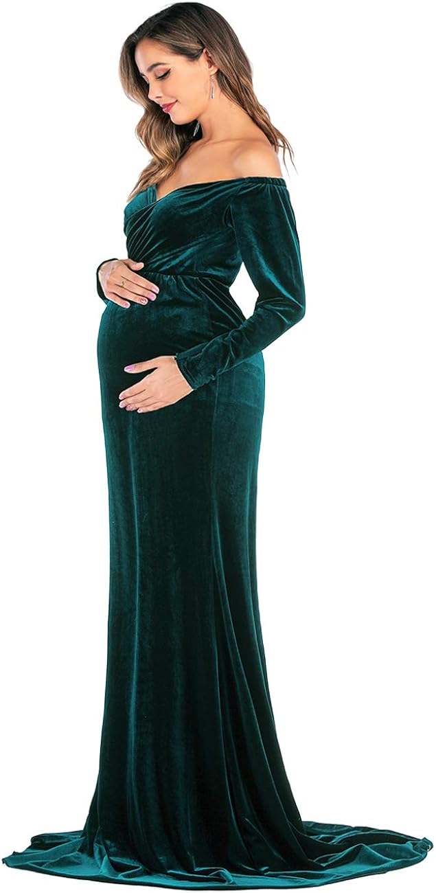 JustVH Velvet Maternity Off Shoulder Half Circle Fitted Gown Maxi Photography Dress for Baby Shower Photo Props Dress at  Women’s Clothing store