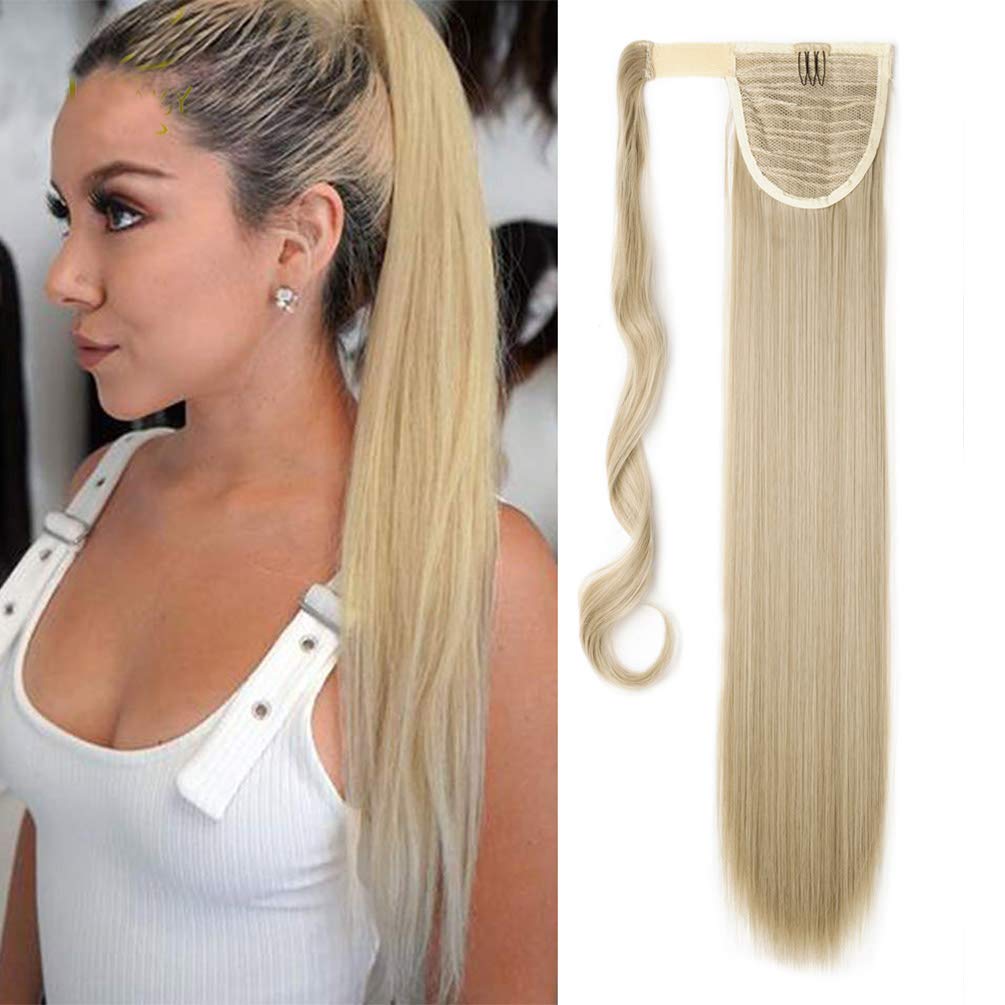 Wrap around Ponytail Extension Long Ombre Straight Hair Clip in Pony Tail Hair Extensions Hairpiece 23 inch - Ash Blonde mix Bleach Blonde