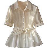 SweatyRocks Women's Pleated Short Sleeve Chiffon Blouse Collar Button Down Peplum Tops