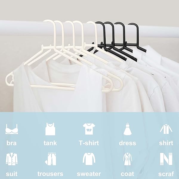 BYOMOSTOR BLACK PLASTIC HANGERS 50 PACK, LIGHT WEIGHT DURABLE CLOTHES HANGERS G-SHAPE STANDARD SIZE NON-SLIP COAT HANGER ADULT CLOTHES HANGERS FOR LAUNDRY & EVERYDAY USE -SLIM & SPACE SAVING