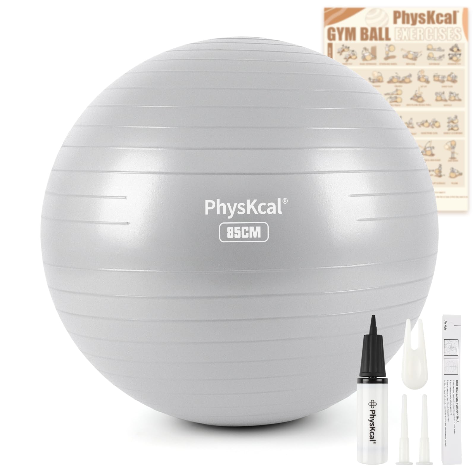 PhysKcal Gym Ball 85cm Grey Exercise Swiss Ball for Fitness Yoga Pilates Pregnancy, Anti Burst Ball Chair for Balance, Stability, Quick Pump Included