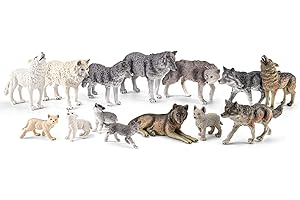 THINKBAY 14PCS Wolf Toy Animal Figurines, Realistic Plastic Zoo Safari Animal Toys for Toddlers 3 4 5 6 7, Forest Wolf Animals Figures, Educational Toy Cake Toppers Birthday Gift for Kids Boys Girls