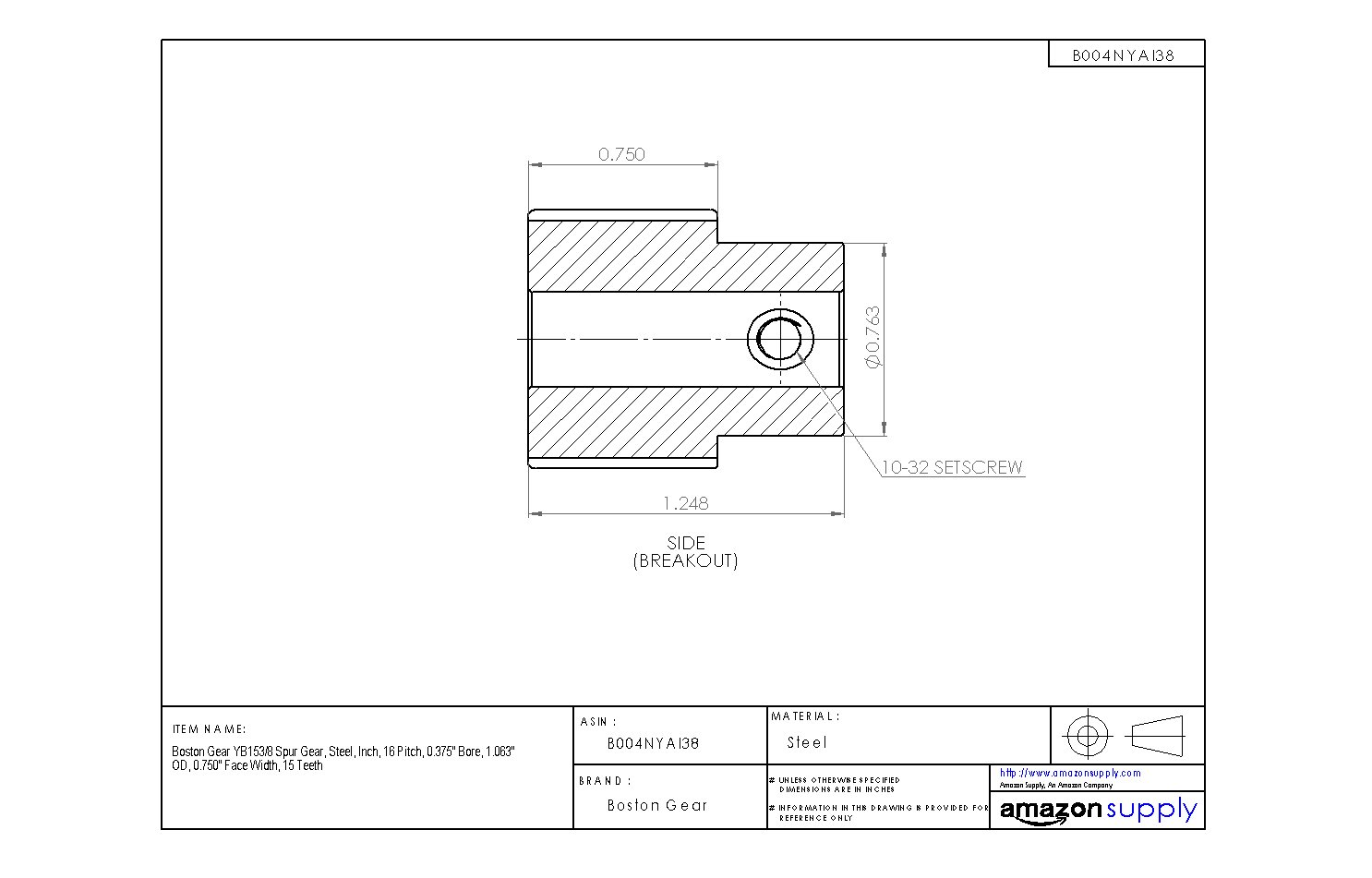 Gears 0.750 Face Width 0.625 Bore 1.625 OD Steel Boston Gear YB24 Spur