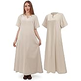 Cdecgo Medieval Underdress Renaissance Linen Dress Women Short Sleeves Tunic Peasant Dresses Costume with Pockets