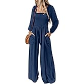Happy Sailed Women's Long Sleeve Jumpsuits Loose Fit Overalls Square Neck Pockets High Waisted Wide Leg Pants Rompers