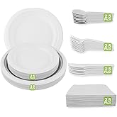Diihossbox 150 Piece (25 Sets) Biodegradable Paper Plates Set Disposable Heavy-Duty Eco Friendly Dinnerware Set,Include Plates,Forks,Knives,Spoons,Napkins for Birthday Camping Party Picnic BBQ