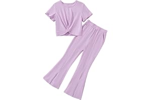 Woleroyir Girls Clothes Solid Color Twist Front Top Flared Pants Set with Pockets Cute Summer Outfits 6-15 Years