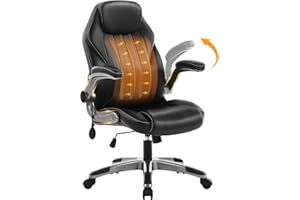 YLZYXAL Office Desk Chair, Ergonomic Computer Chair with Padded Flip-Up Arms and Adjustable Lumbar Support, PU Leather Executive Chair with Tilt Lock and 360° Swivel Rolling Wheels for Work, Study