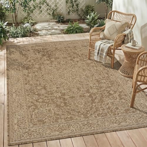 Outdoor Rug-Patio Rug Polypropylene Indoor Outdoor Carpet 7.9x10ft Porch Balcony Carpets Garden Deck Mat Easy Clean Non Slip Light Weight Vintage Outdoor Area Rug Retro Brown