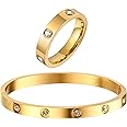 MPRAINBOW Gold Rings Bracelets for Women, 18K Gold Plated Friendship Bracelet Cubic Zirconia Bangle with Ring Jewelry Set,Wedding Party Birthday Gifts for Her Girlfriend