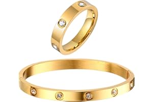 MPRAINBOW Gold Rings Bracelets for Women, 18K Gold Plated Love Friendship Bracelet Cubic Zirconia Bangle with Ring Jewelry Set,Wedding Party Birthday Gifts for Her Girlfriend