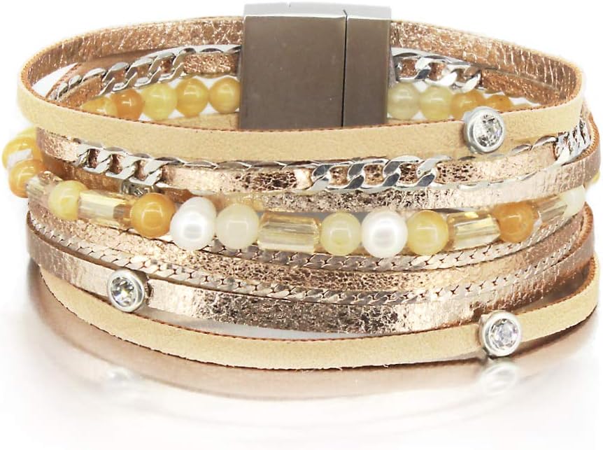 FANCY SHINY Rose Gold Beaded Bracelet Leather Wrap Boho Bracelet Stack Layered Cuff Bracelet Braided Magnetic Clasp Bracelet Multi Strand Bracelet for Women Girl