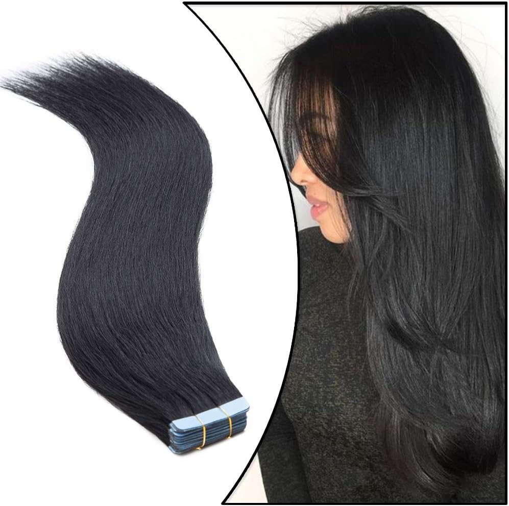 Black Tape in Hair Extensions Real Human Hair 20 Pcs Seamless Skin