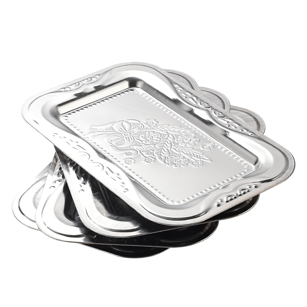 Photo 1 of 4-Pack Silver Serving Trays Set - ZENOVLUX Bow Floral Engraved Mirror Decorative Tray, 13.8" x 8.7" Party Platters for Whiskey, Cookies, Charcuterie, Snacks, Desserts, Fruit, Party Food Display