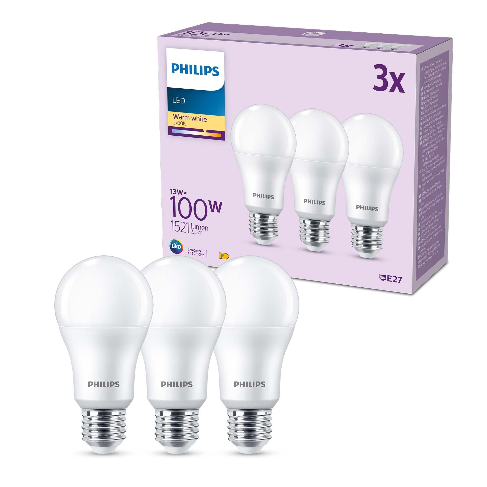 Philips LED Frosted A67 Light Bulb 3 Pack [Warm White 2700K - E27 Edison Screw] 100W, Non Dimmable. for Home Indoor Lighting, Value Range
