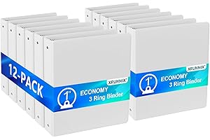 XRUNMIX Economy 3-Ring Binders, 1 Inch, Round Rings, 200 Sheet Capacity, ClearVue Presentation View, Non-Stick, White (12)