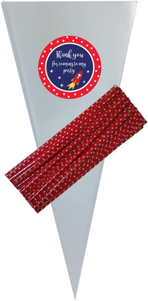 Cellophane Clear Cone Bags for Party or Sweets - Coloured Twist Ties – Stickers – Many Designs