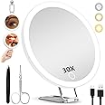 JJhxr 30X Magnifying Mirror with Lights, 6inch Makeup Magnified Mirror 30X Lighted Travel Magnification with 3 Suction Cups and 360° Adjustable Stand- Includes Tweezers & Scissors
