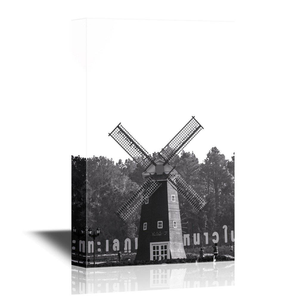 Canvas Wall Art - Windmill in Black and White - Gallery Wrap Modern Home Art | Ready to Hang - 12x18 inches