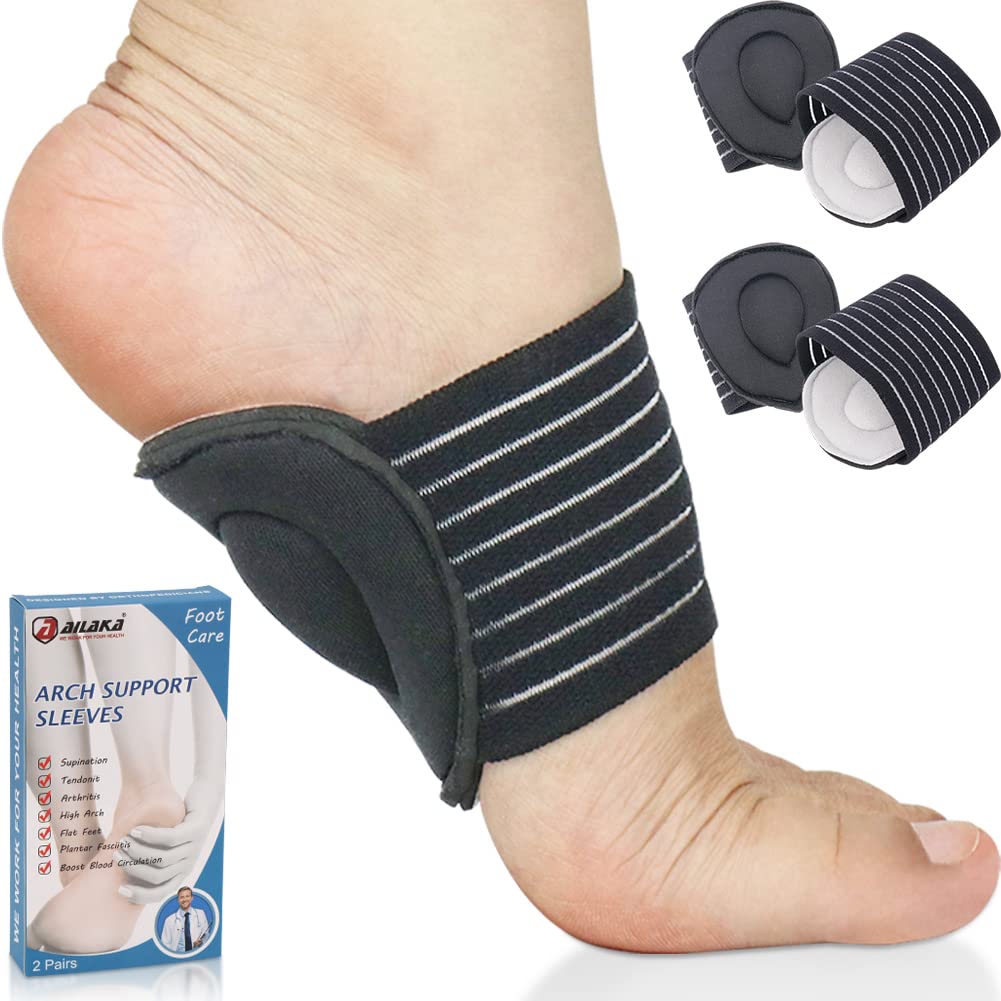 Ailaka 2 Pair Arch Support Braces, Compression Cushioned Plantar Fasciitis Sleeves for Pain Relief & Sore, Flat Feet, Heel Spurs (Black & Grey, One size fit all)