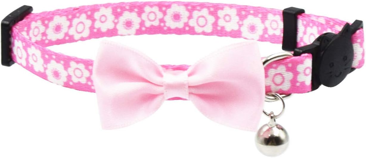 Olahibi Nice Flower Printing Safety Release Bowtie Cat Collar Breakaway Buckle with Bell (S, Pink Flower)