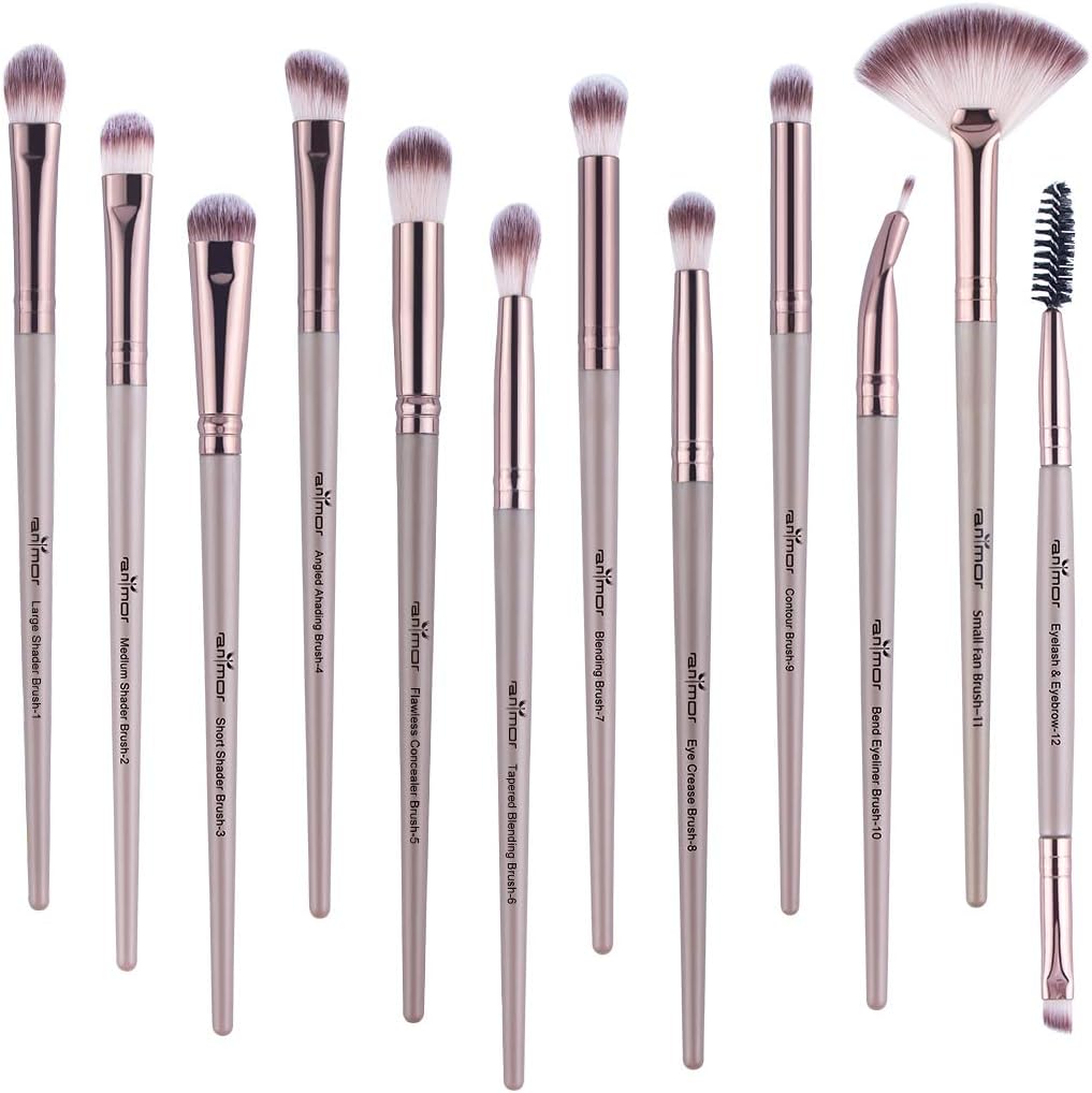 Anmor Brush Sets-12 PCs Makeup Brushes for Foundation Eyeshadow Blending Face Powder Blush Concealers Brush Kit (Light Brown)
