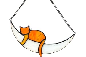 PALJOLLY Orange Cat Memorial Gifts Loss of Cat Sympathy Gifts Art Stained Glass Window Hanging Suncatchers for Cat Decor, Stained Glass Cat Sleep on Moon Gifts for Cat Lovers, Cat Ornaments