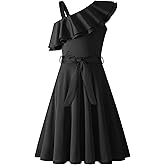 Arshiner Girls Dress One Shoulder Formal Ruffle Trim Birthday Party Dresses with Belted Pockets for 5-12 Years