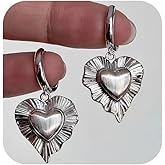 Vintage Silver Heart Drop/Dangle Earrings for Women, 925 Sterling Silver Pleated Three-Dimensional Heart Hoop Earrings