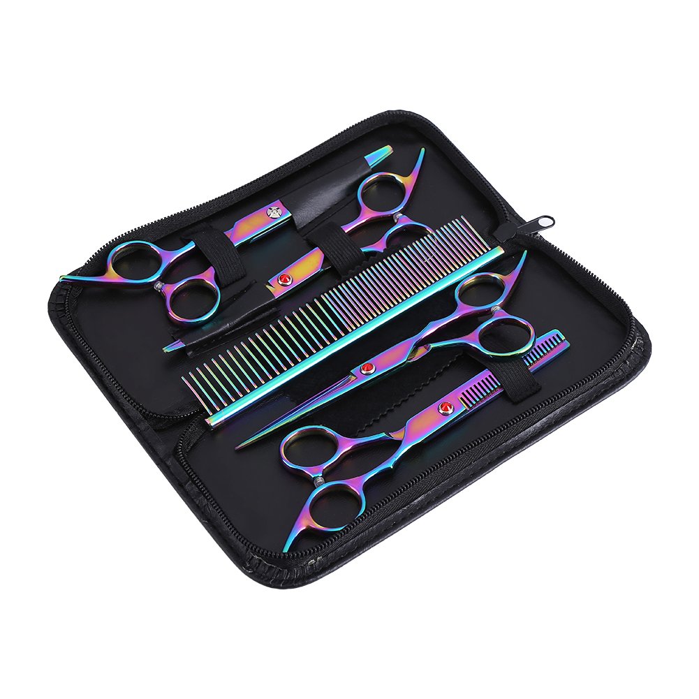 Smandy 5 Pcs Colourful Pet Grooming Scissors Set for Dogs and Cats - Stainless Steel Thinning and Cutting Scissors with Curved Scissors and Grooming Comb