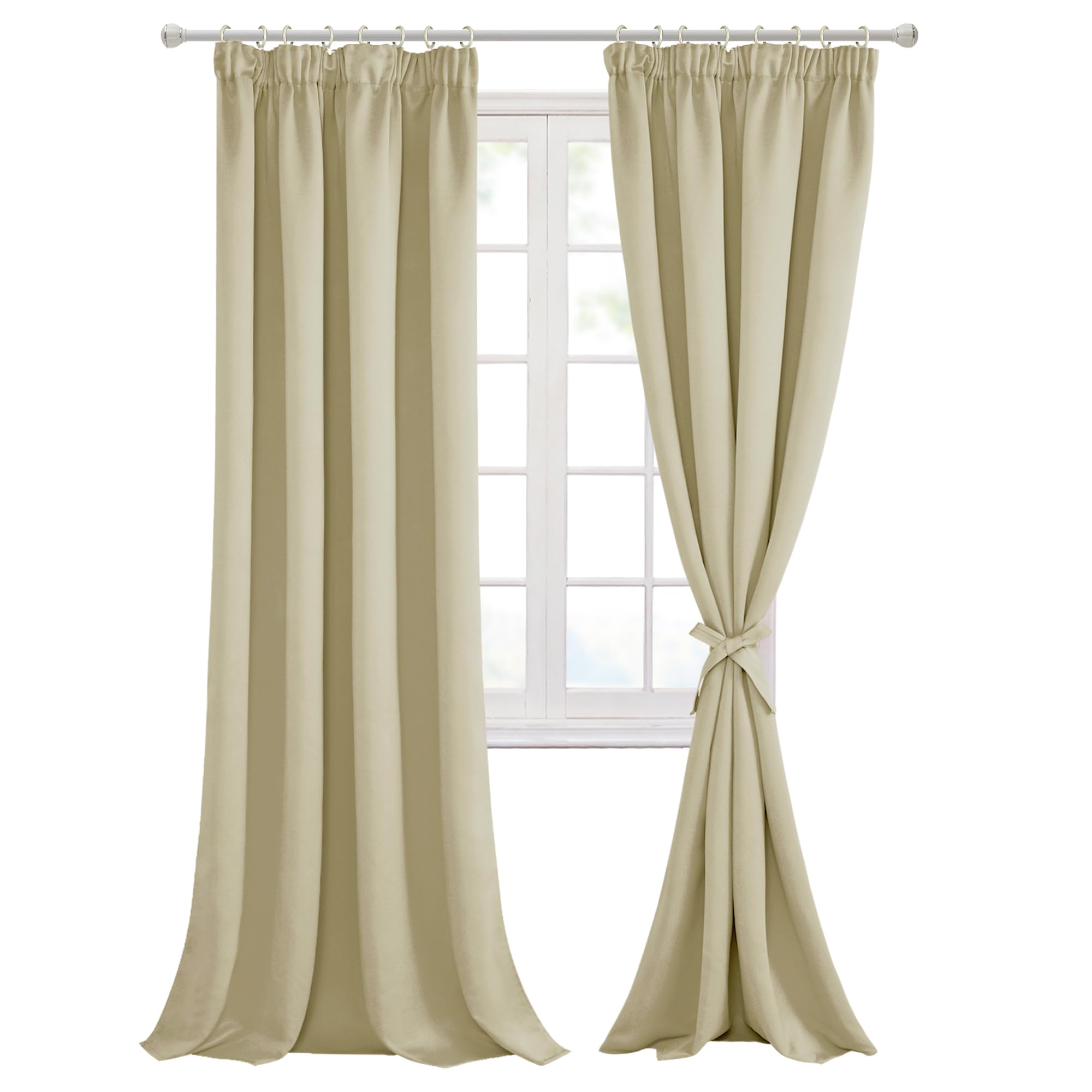 Hiasan Pencil Pleat Blackout Thermal Insulated Curtains, Bedroom and Living Room with Tiebacks, Energy Saving and Noise Reducing, 2 Panels, 46 x 90 Inch, Light Beige