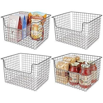 mDesign Metal Kitchen Pantry Food Storage Organizer Basket - Farmhouse Grid Design with Open Front for Cabinets, Cupboards, Shelves - Holds Potatoes, Onions, Fruit - 12