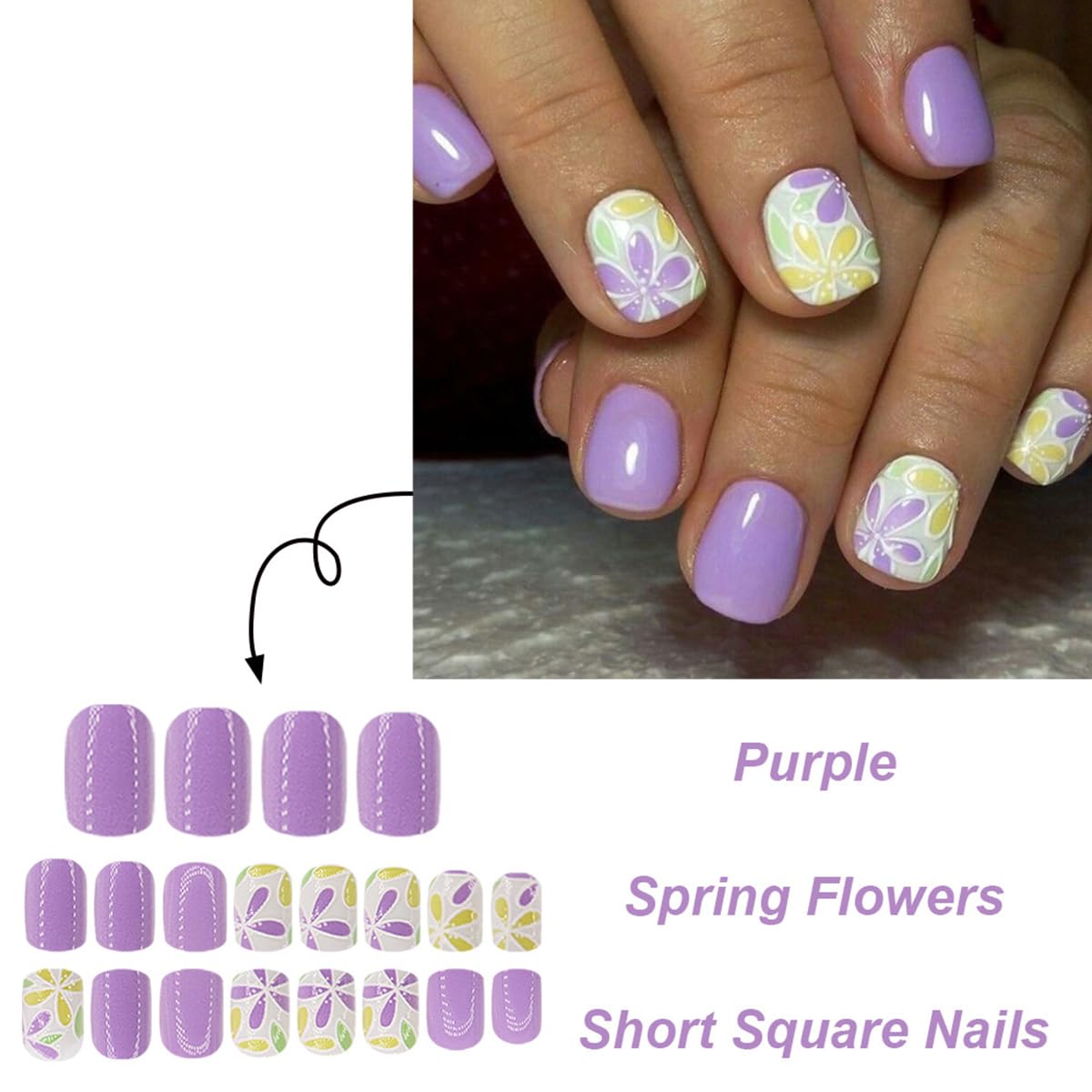 24 Pcs Spring Press on Nails Extra Short Square - LINMEIZAI Purple Cute Fake Nails Press ons Nail Tips Glue on Nails Full Cover Acrylic Nail Kit False Nails with Small Flower Nail Art Design for Women - Image 3