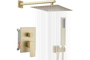 JingGang Brushed Gold Shower System 10 Inch Bathroom Luxury Rain Mixer Shower Combo Set Wall Mounted Rainfall Shower Head and Handheld System Shower Faucet Rough-in Valve Body and Trim Included
