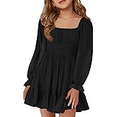 Haloumoning Girls Long Sleeve Dress Kids Square Neck Tie Backless Ruffle A-Line Mini Dresses 5-14 Years