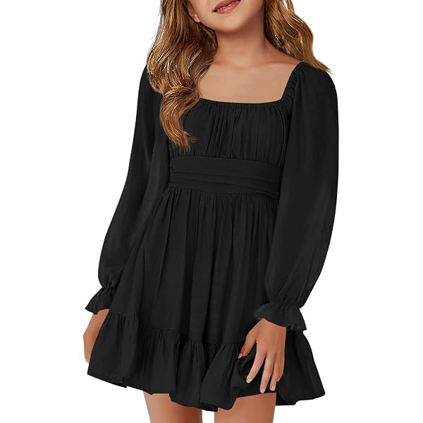 OBBUE Women’s Summer Dress – Square Neck Tie-Back Chiffon Mini Dress With Lantern Sleeves