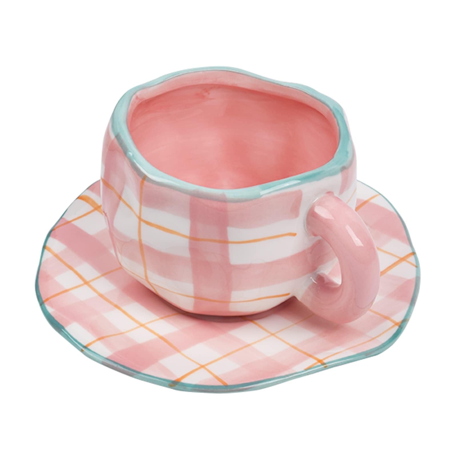 Koythin Ceramic Coffee Mug, Cute Pink Cup for Women with Saucer for Office and Home, Dishwasher and Microwave Safe, 10 oz/300 ml for Latte Tea Milk (Pink Check)
