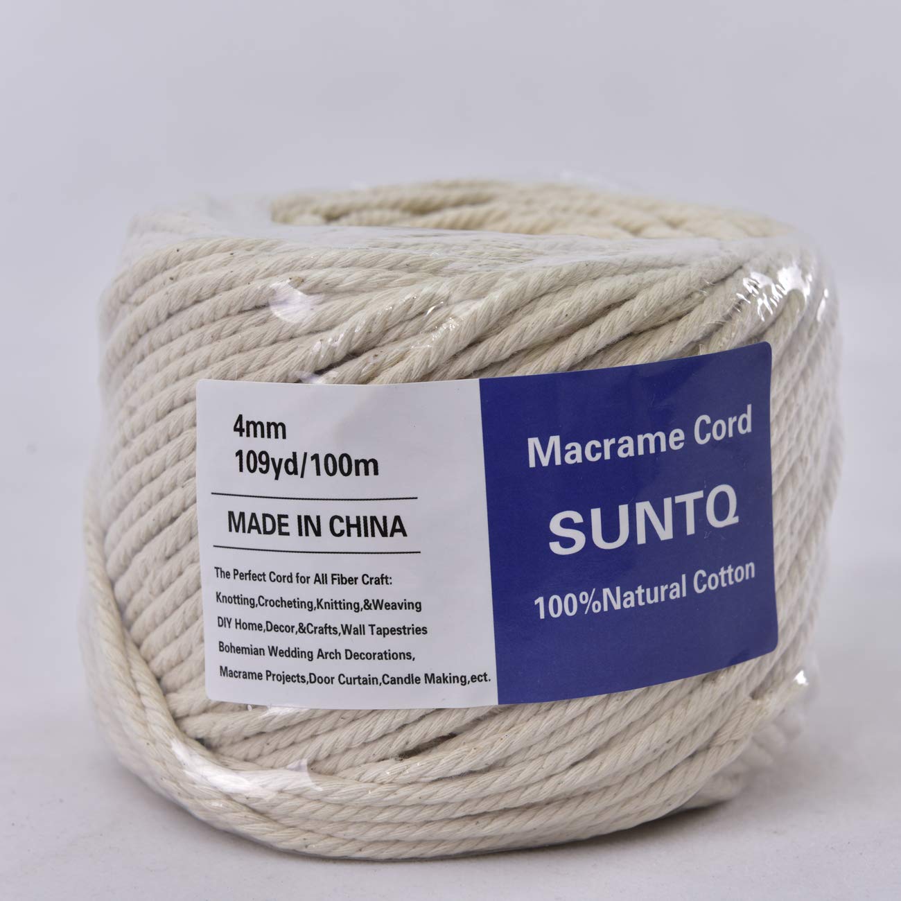 (4mm x 100m(about 109 yd)) Handmade Decorations Natural Cotton Bohemia Macrame DIY Wall Hanging Plant Hanger Craft Making Knitting Cord Rope Natural Color Beige