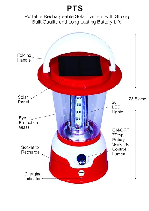 PTS - LED Solar Lantern Emergency Light - Rechargeable, Portable - Travel Camping Lantern - Made in India - PTS-SLRL-5017-Red