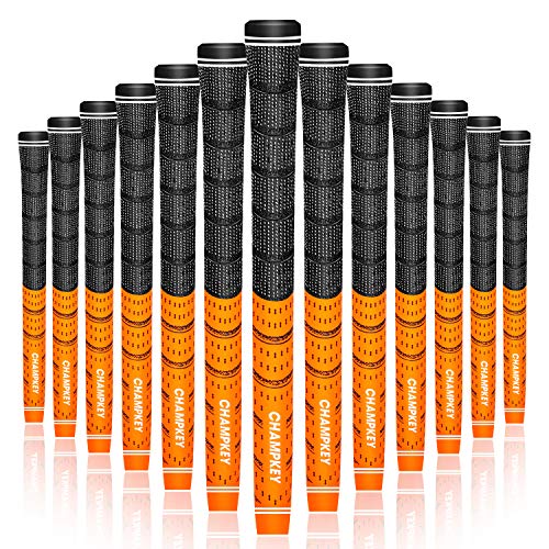 Champkey Multi Compound Golf Grips Set of 13 (5 Oz Solvent,Hook Blade,15 Tapes & Vise Clamp Available)-Choose Between 13 Grips & All Repair Kits and 13 Grips & 15 Tapes (Orange, Midsize)