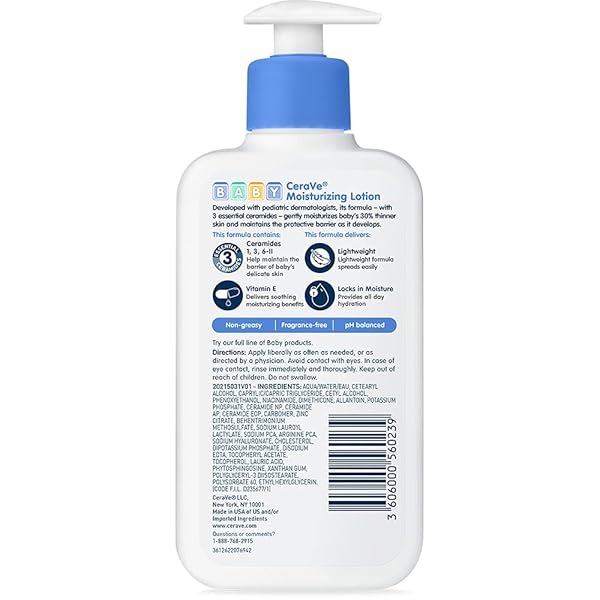 CERAVE BABY LOTION, GENTLE BABY SKIN CARE WITH CERAMIDES, NIACINAMIDE & VITAMIN E, FRAGRANCE, PARABEN, DYE & PHTHALATES FREE, LIGHTWEIGHT MOISTURIZER, 8 OUNCE, PACKAGING MAY VARY