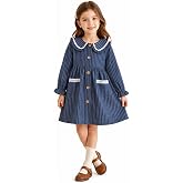 Girls Cotton Dress Long Sleeve Peter Pan Collar Striped Dress With Pockets | Soft Cotton Woven Fabric, Vertical Stripe, Peter Pan Collar, Button Front, Lace Trim Pockets, Elastic Cuffs for Little Girls