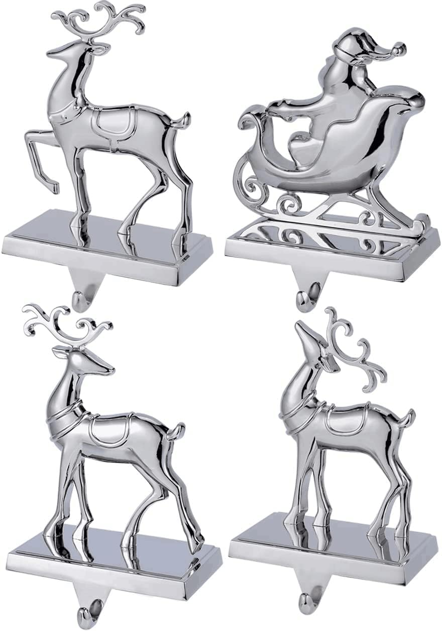 Stockings & Holders - Set of 4 Reindeer Christmas Stocking Holders for Mantel, Deer and Santa Stocking Hangers for Fireplace,Christmas Hanger for Stocking,Metal Stocking Hooks for Xmas Decor (Deer Set)