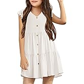 Mafulus Girls Ruffle Sleeve Dress Kids V Neck Button Down Tiered Swing A-Line Summer Beach Sundress Outfit 5-14T